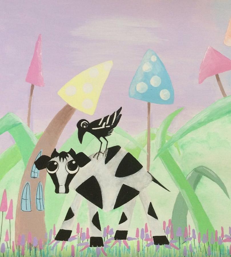 Cow Drawing - Cow and Crow In The Land of Mushrooms by Briony Dixon Cow Drawing - Cow and Crow In The Land of Mushrooms by Briony Dixon