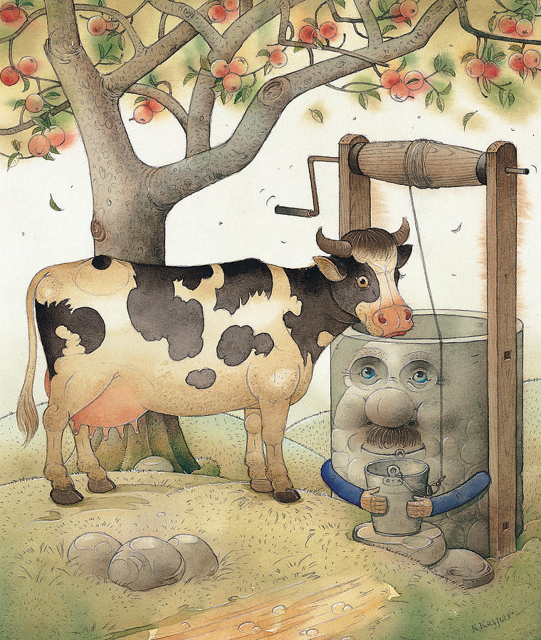 Cow and Well Painting by Kestutis Kasparavicius