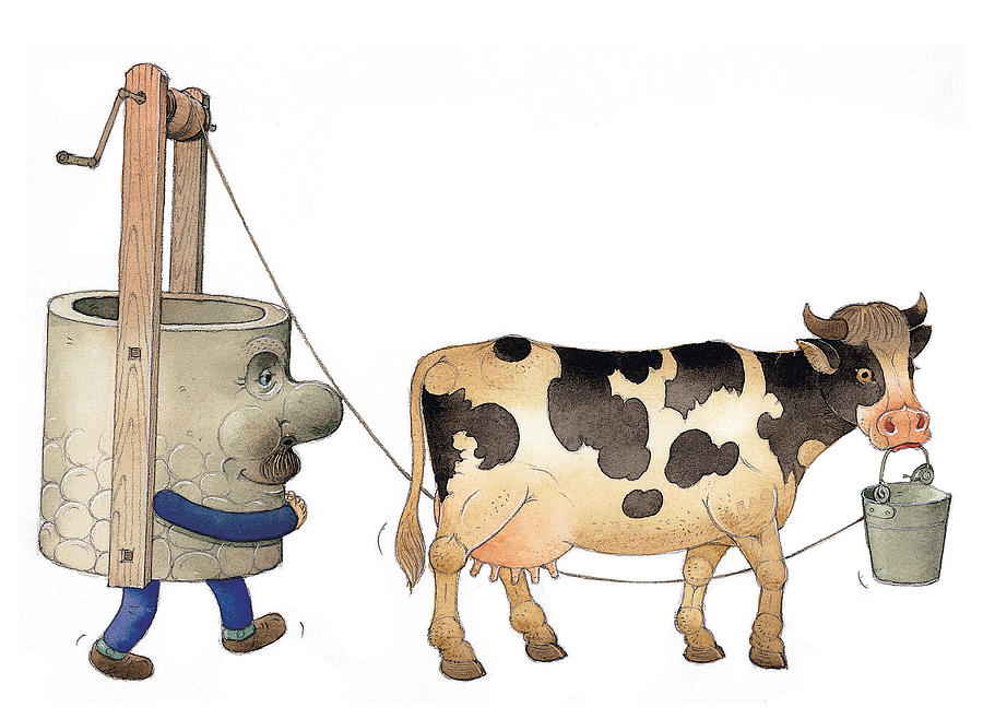 Cow and Well02 Painting by Kestutis Kasparavicius