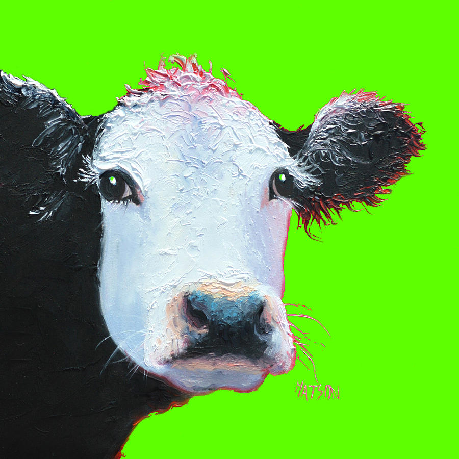 Cow Art - Black and White on green Painting by Jan Matson