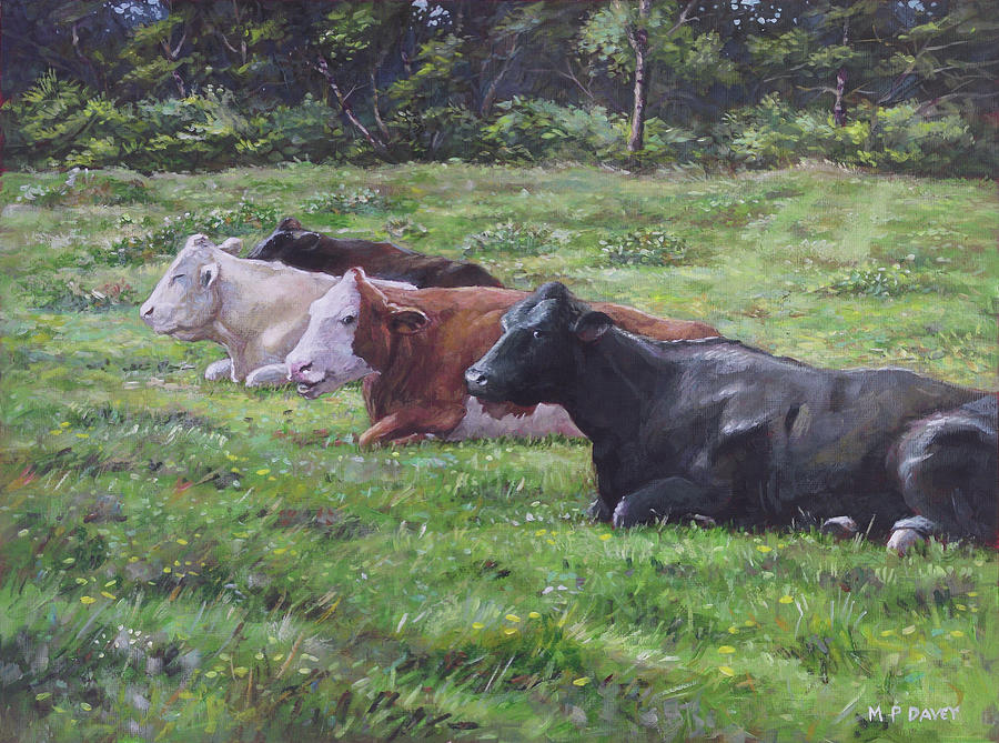 Cow Painting - Cow line up in field by Martin Davey