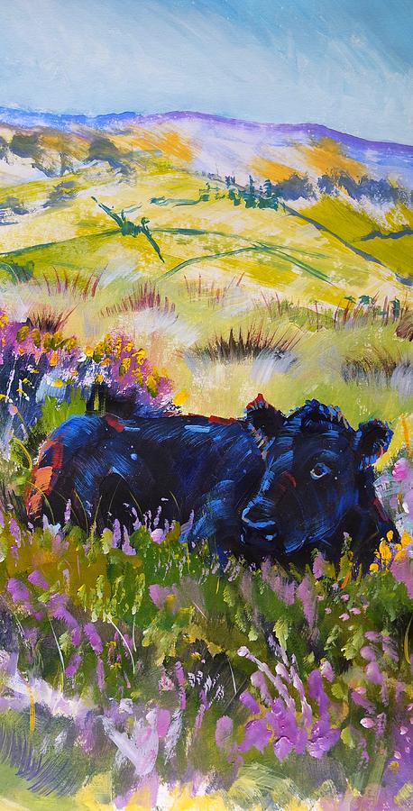 Cow lying down among plants Painting by Mike Jory