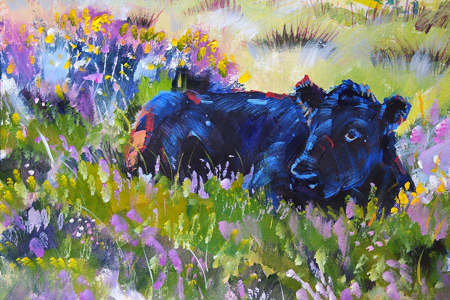 Cow lying down in heather Painting by Mike Jory