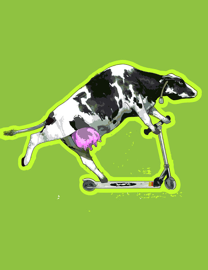 Cow On Push Scooter Digital Art by New Vision Technologies Inc