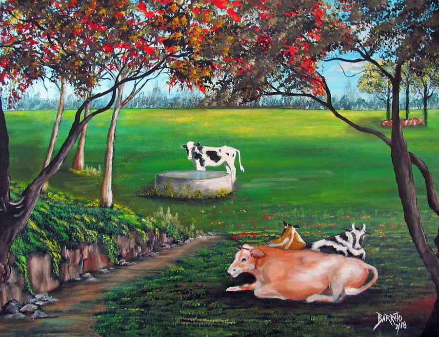Cow Tales Painting by Gloria E Barreto-Rodriguez