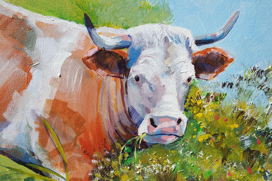 Cow with horns Painting by Mike Jory