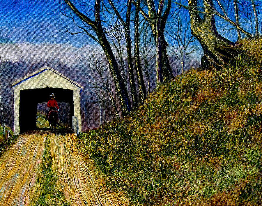 Horse Painting - Cowboy and Covered Bridge by Stan Hamilton