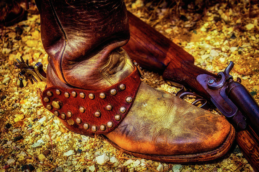 Cowboy Boot Wirth Spur And Shotgun Photograph by Garry Gay