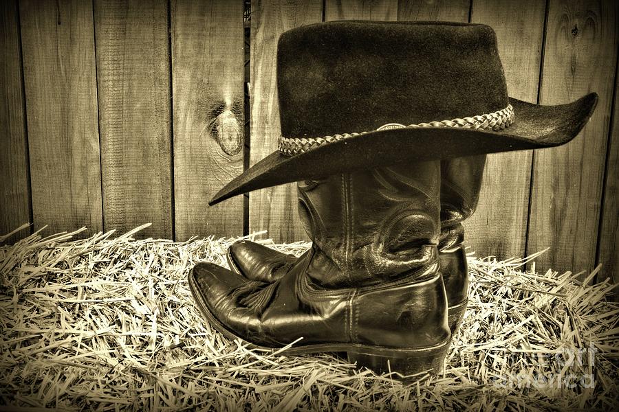 Cowboy Boots and Hat in Black and White Photograph by Paul Ward
