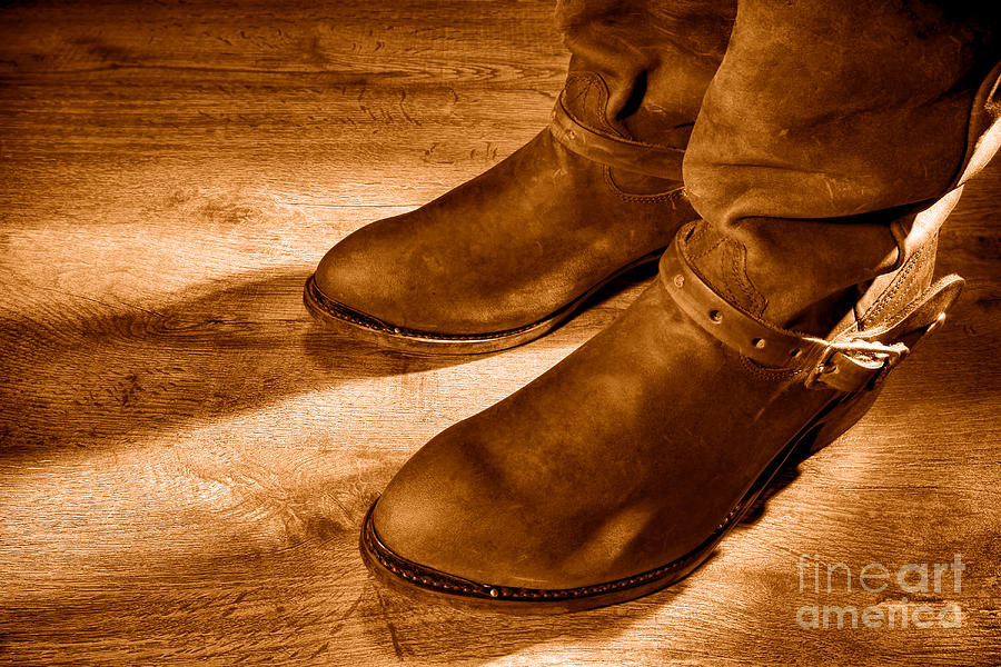 Cowboy Boots on Saloon Floor - Sepia Photograph by Olivier Le Queinec ...