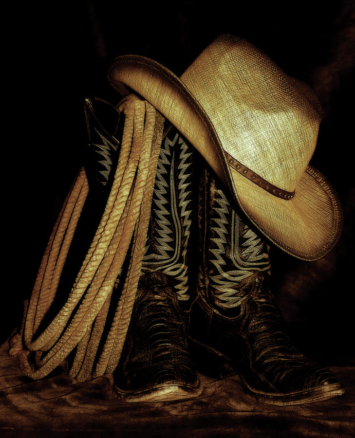 Rope Photograph - Cowboy Boots, Rope And Hat by Athena Mckinzie