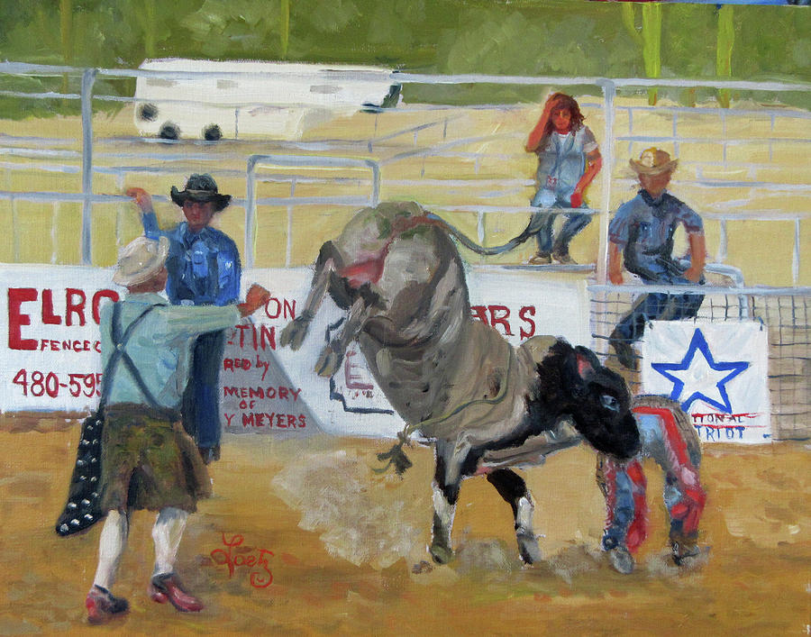 Bull Painting - Cowboy Down by Charlotte Loetz