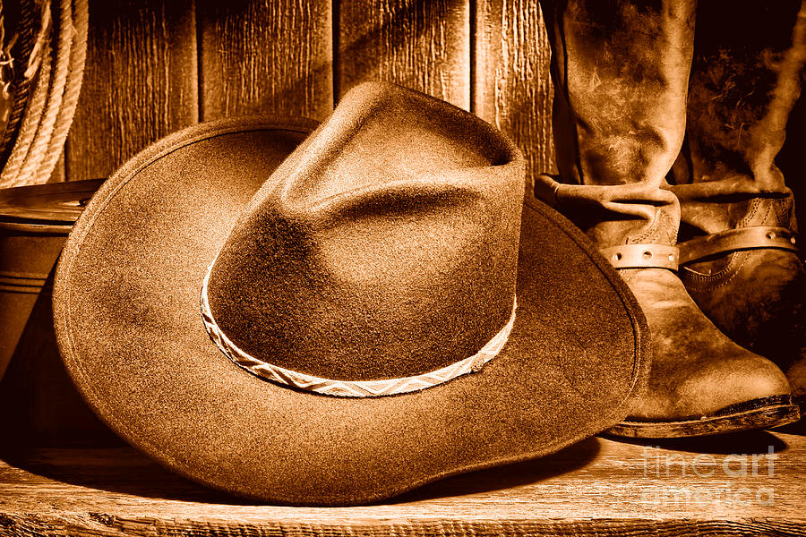 Cowboy Hat On Floor - Sepia Photograph By Olivier Le Queinec - Fine Art 