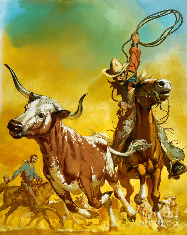 Animal Painting - Cowboy lassoing cattle  by Angus McBride