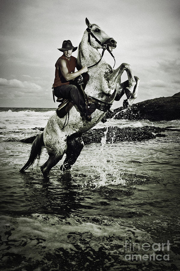 Cowboy on the rear up horse in the river Photograph by Dimitar Hristov