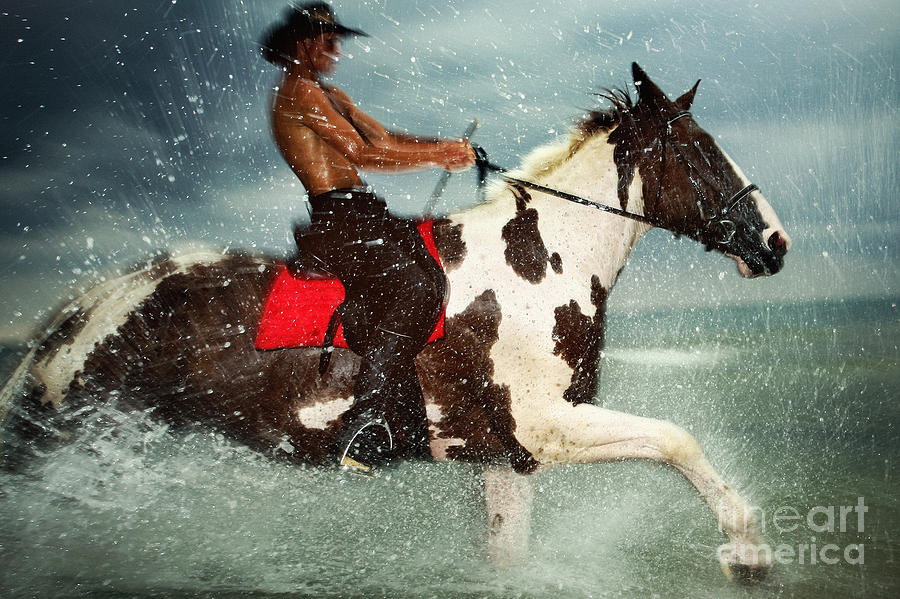 Cowboy riding paint horse in the water Photograph by Dimitar Hristov