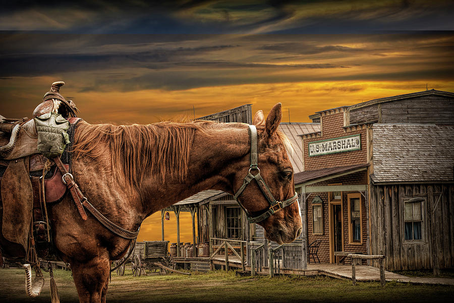 Cowboy Saddle Horse in front of the Marshalls Office Photograph by Randall Nyhof