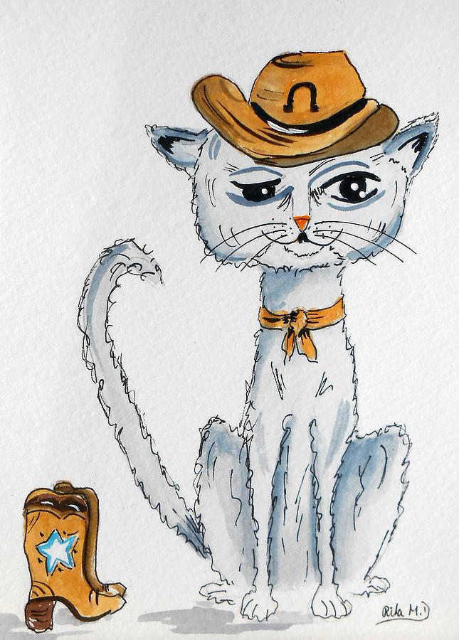 Cowboy wannabe Cat Painting by Rita Drolet