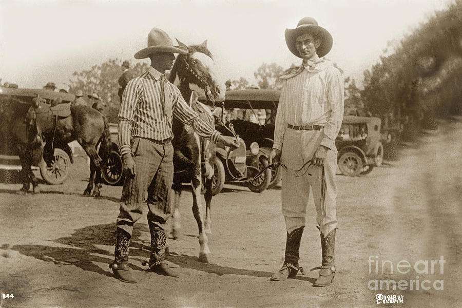 Horse Photograph - Cowboys horse on right is Sugar Plum Salinas Rodeo July 1918 by Monterey County Historical Society