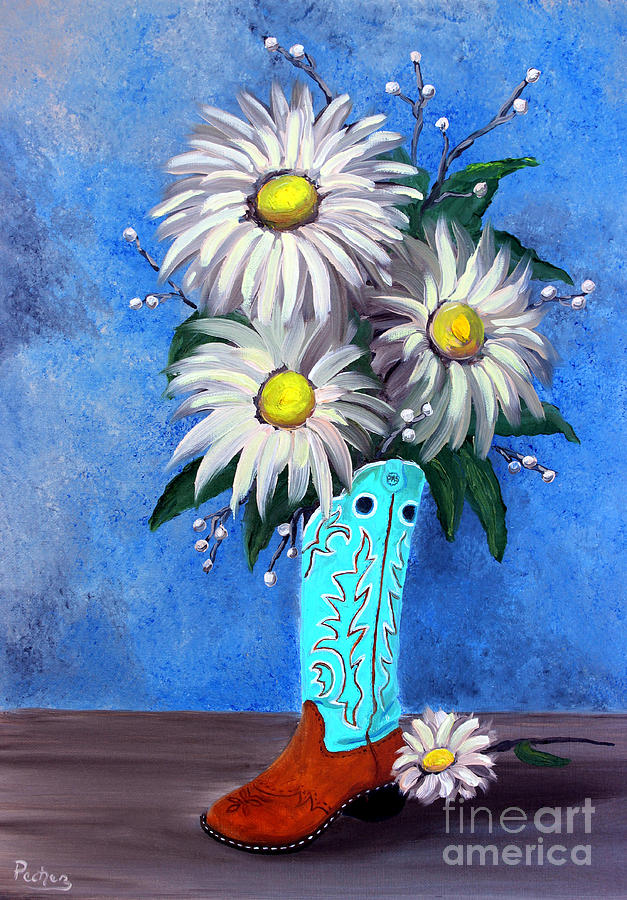 Cowgirl Boot Flower Vase Painting by Pechez Sepehri