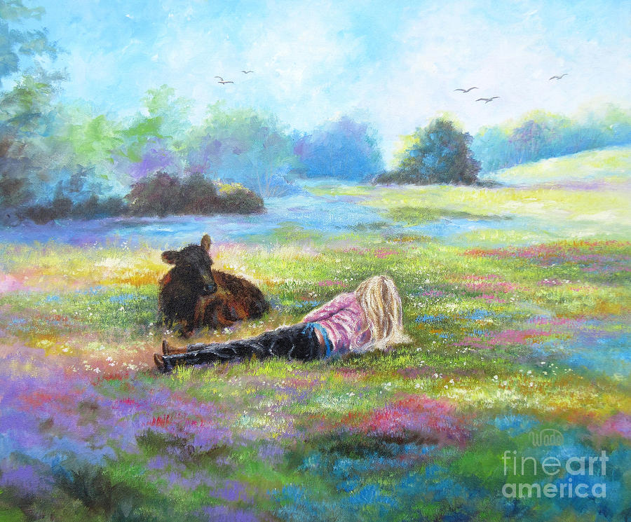 Cow Painting - Cowgirl in Meadow by Vickie Wade