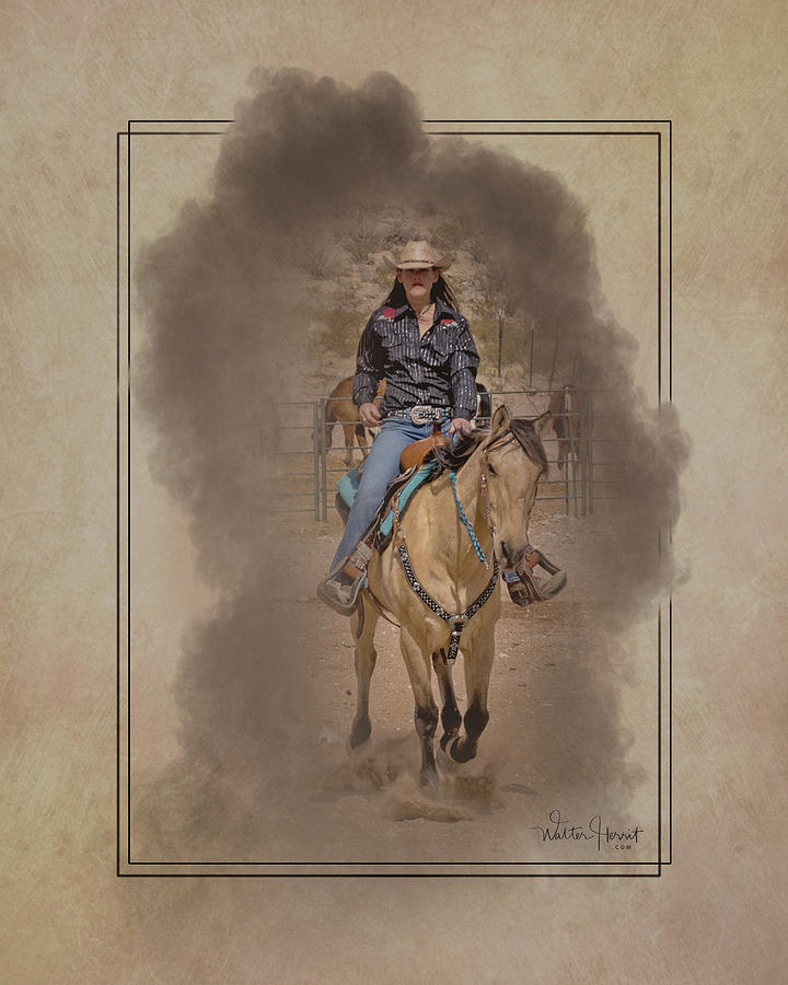 Cowgirl Riding In The Smoke C3 Digital Art By Walter Herrit