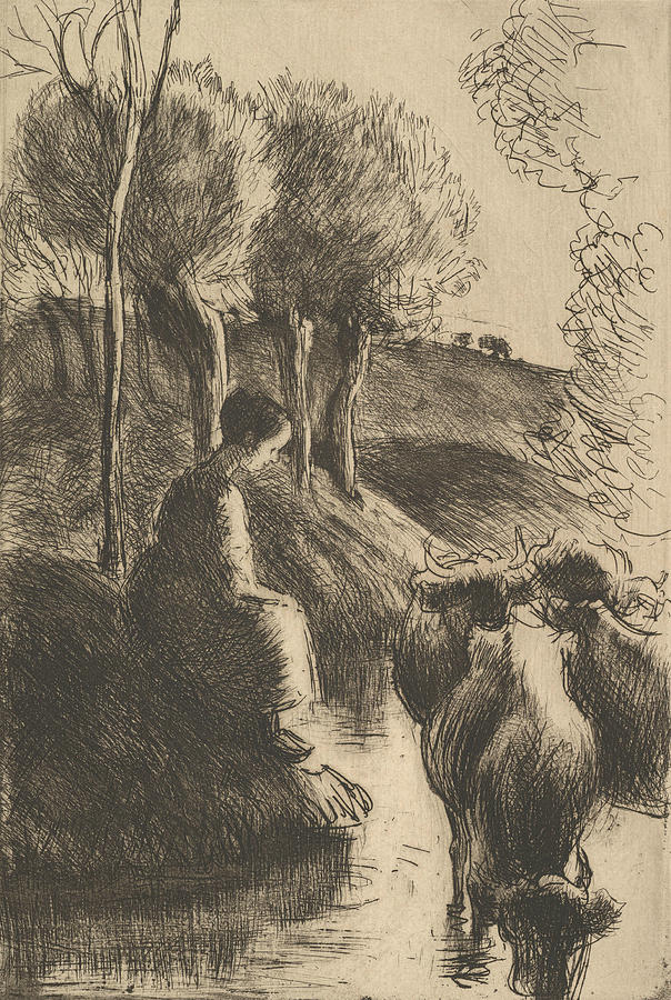 Cowherd, at Waters Edge Relief by Camille Pissarro