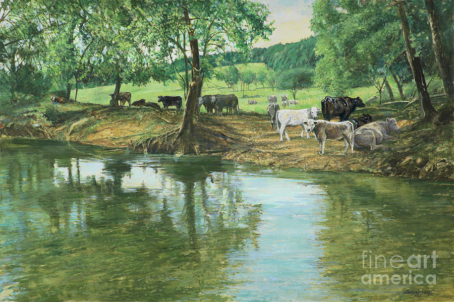 Cow Painting - Across the River, Down the Road, Cows, Cows, Cows by Don Langeneckert