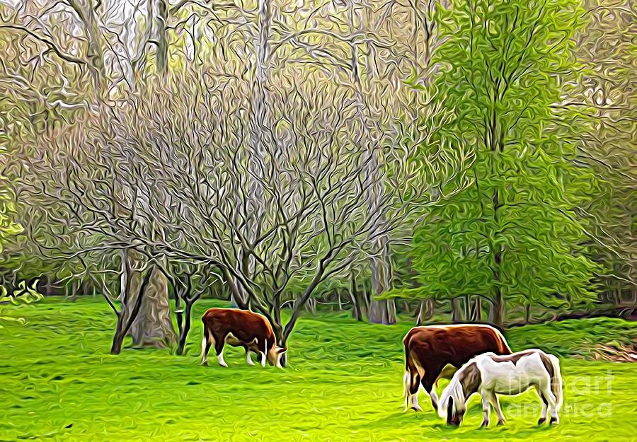 Cows and Pony Grazing Expressionistic Effect Mixed Media by Rose Santuci-Sofranko