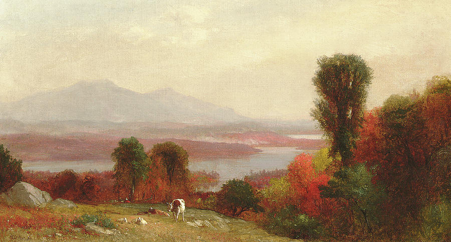 Cows and Sheep Grazing in an Autumn River Landscape Painting by Homer Dodge Martin