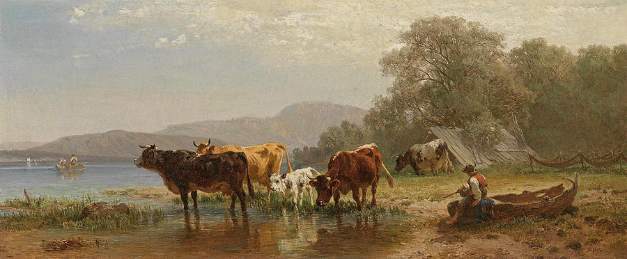 Cows by the Lakeshore with Fishing Boat Painting by Friedrich Voltz