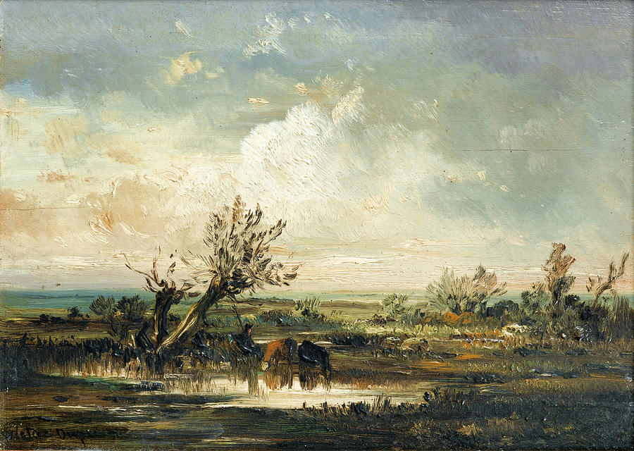 Cows drinking Painting by Leon-Victor Dupre