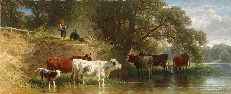 Cows Grazing by the River with Shepherd Painting by Friedrich Voltz