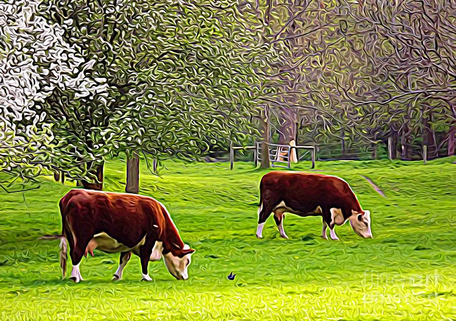 Cows grazing in a field Expressionist Effect Mixed Media by Rose Santuci-Sofranko