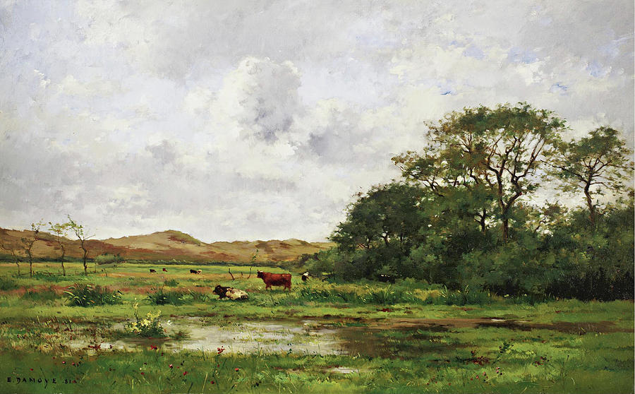 Cows in a Meadow Painting by Pierre Emmanuel Eugene Damoye