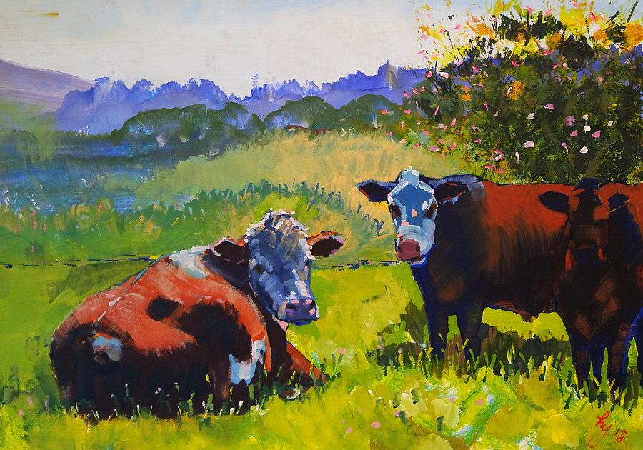 Cows in Devon Landscape  Painting by Mike Jory