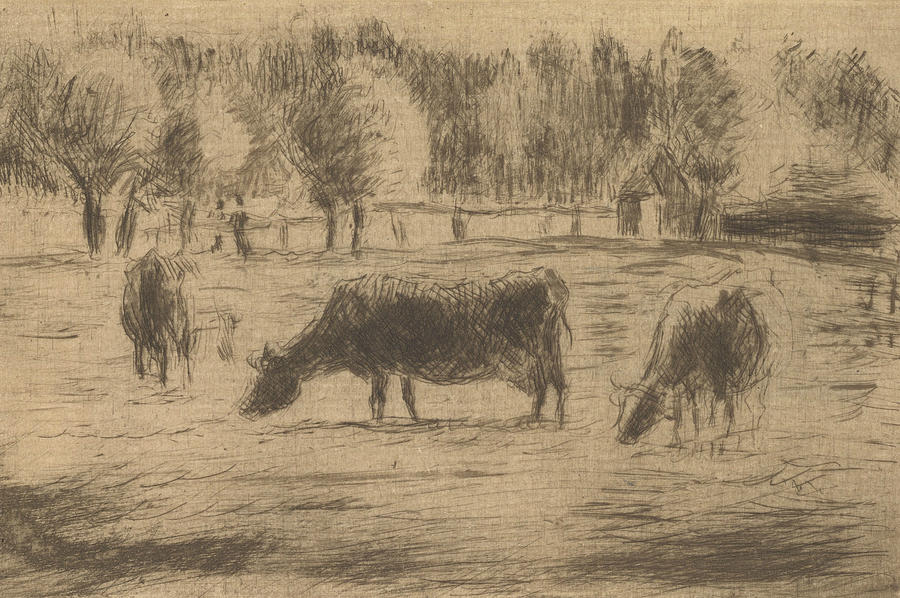 Cows in the Fields of Eragny, near Gisors Relief by Camille Pissarro