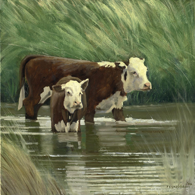 Cows In The Pond Painting by John Reynolds