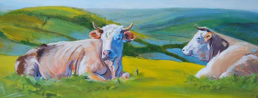 Cows Lying Down In Devon Hills Painting