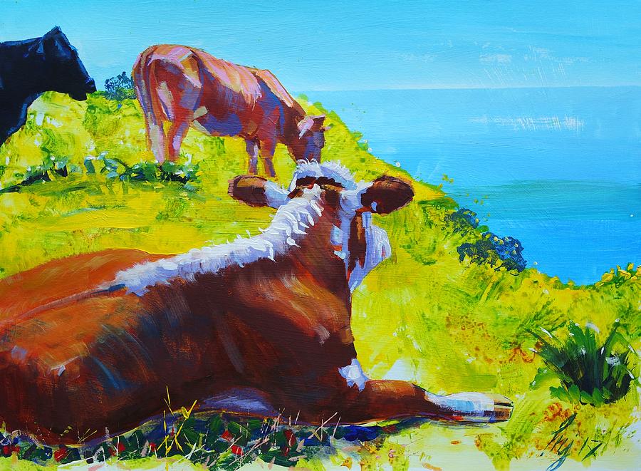 Cows on clifftop in sun - Summer Loving Painting by Mike Jory