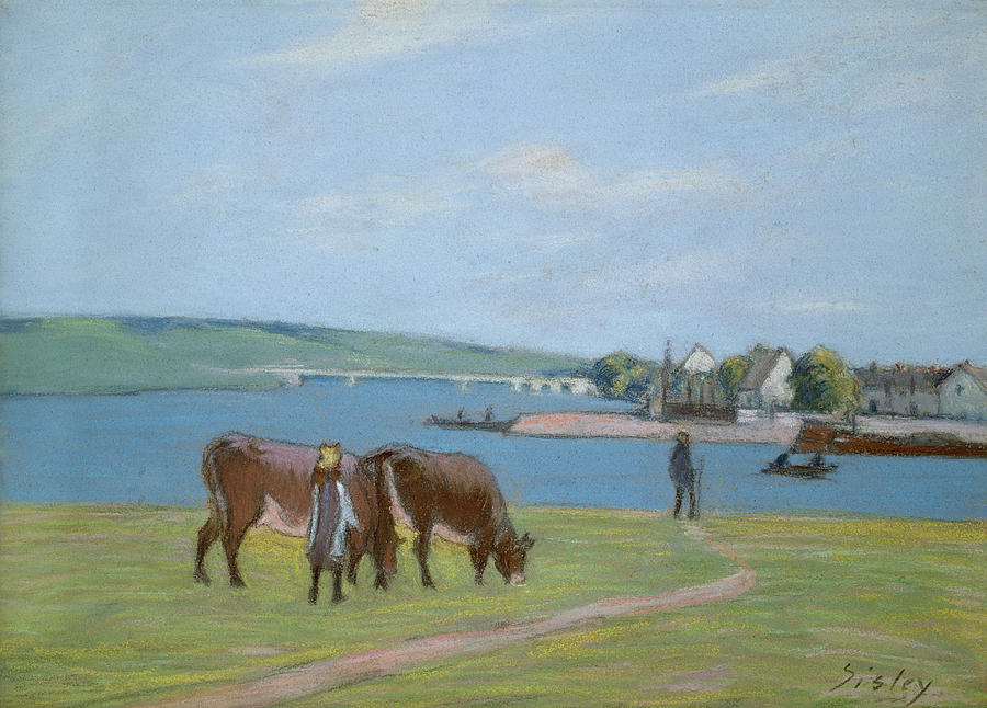 Impressionism Pastel - Cows on the Banks of the Seine at Saint Mammes by Alfred Sisley
