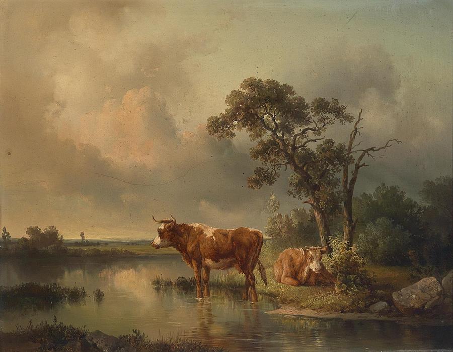 Cows Resting by a Pond Painting by Edmund Mahlknecht