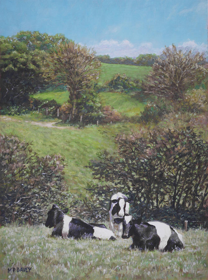 Cows sitting by hill relaxing Painting by Martin Davey