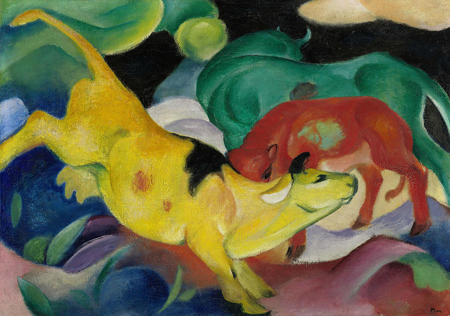 Cows, Yellow Red-Green Painting by Franz Marc