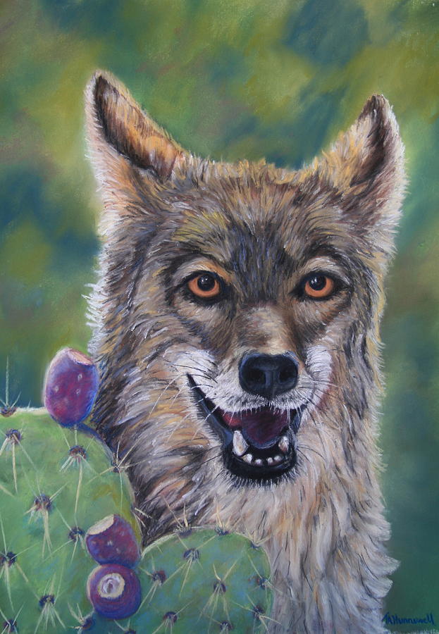 Coyote and Cactus Pastel by Tracey Hunnewell