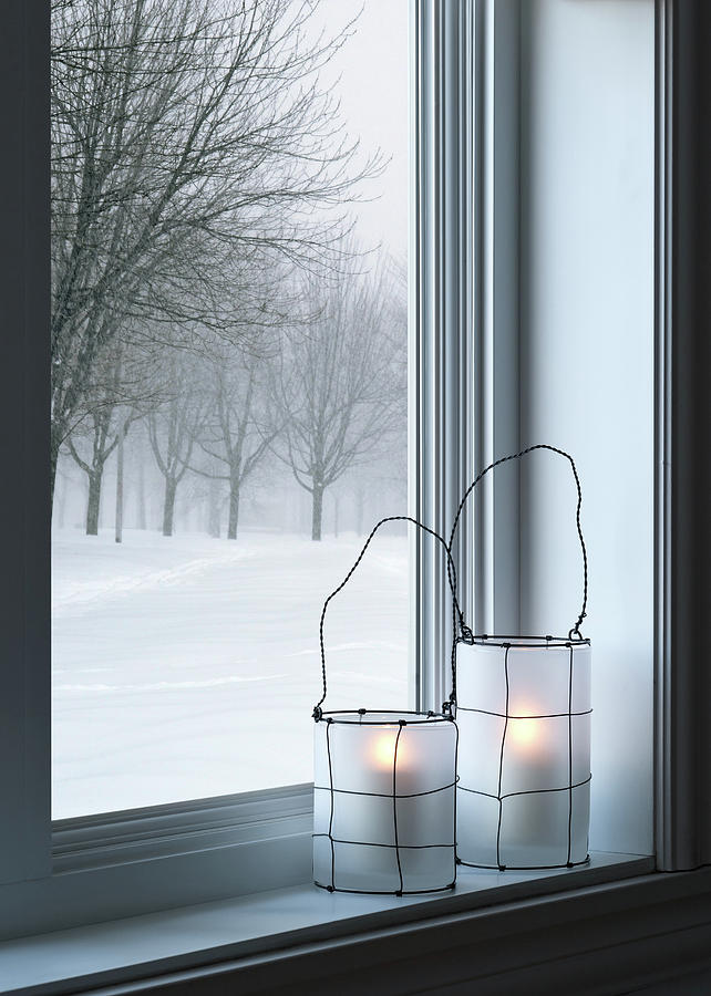 Still Life Photograph - Cozy lanterns and winter landscape seen through the window by GoodMood Art