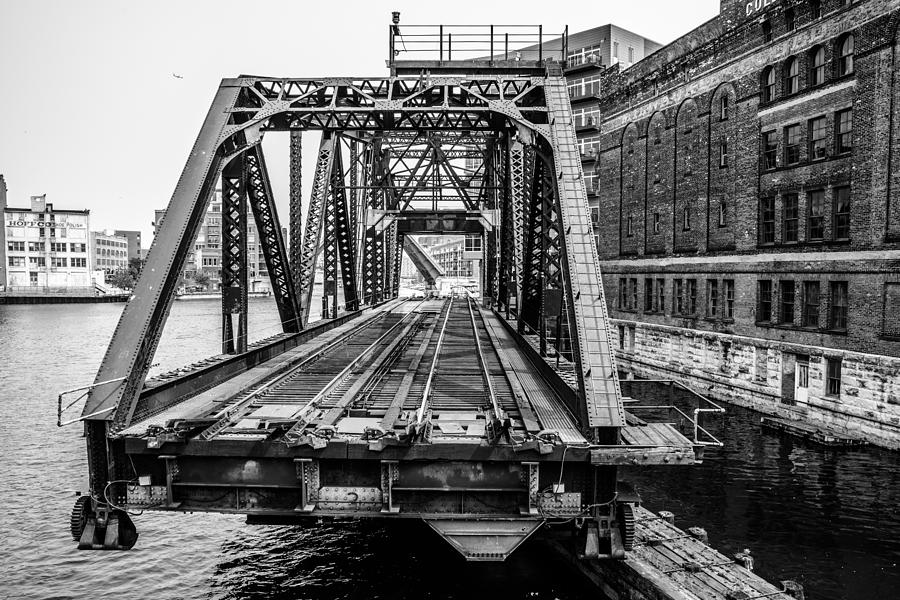 CP Menomonee River Swing Bridge - Black and White Photograph by Randy Scherkenbach