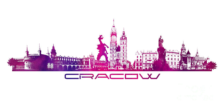 Cracow city skyline purple Digital Art by Justyna Jaszke JBJart
