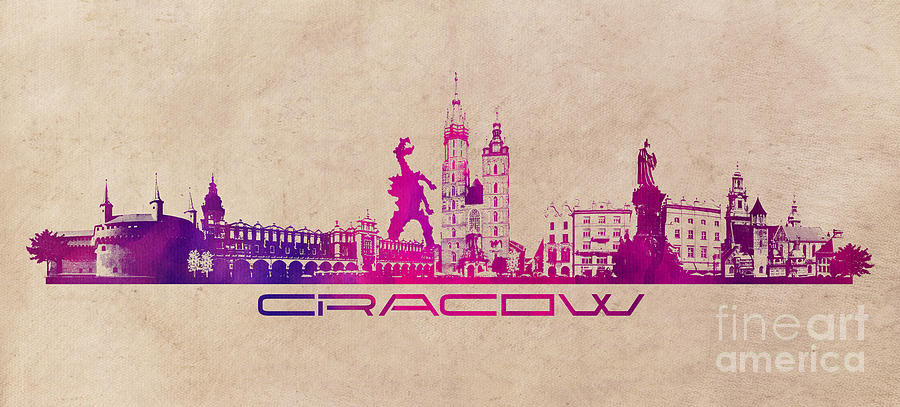 Cracow skyline city pink Digital Art by Justyna Jaszke JBJart
