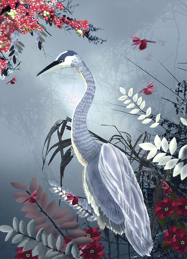 Crane and Dragonflies Digital Art by Lois Mountz
